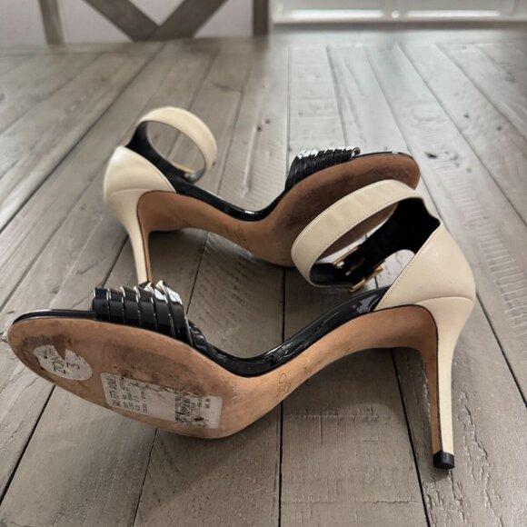 Jimmy Choo Livvi 85 Two-tone Leather Sandals Heels White Black - Picture 14 of 14